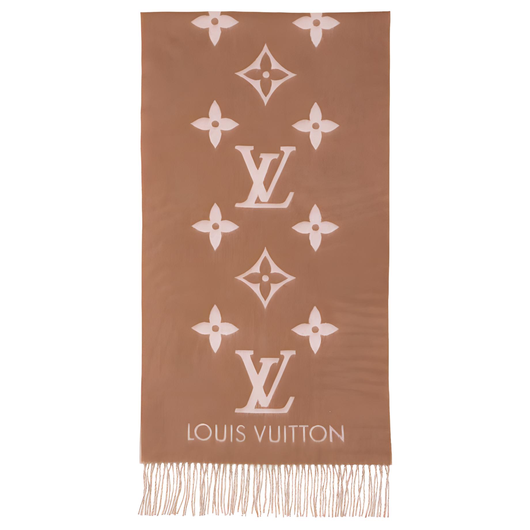 LOUIS VUITTON Cashmere Fringed Jacquard Scarf Beige/Brown Unisex M76067