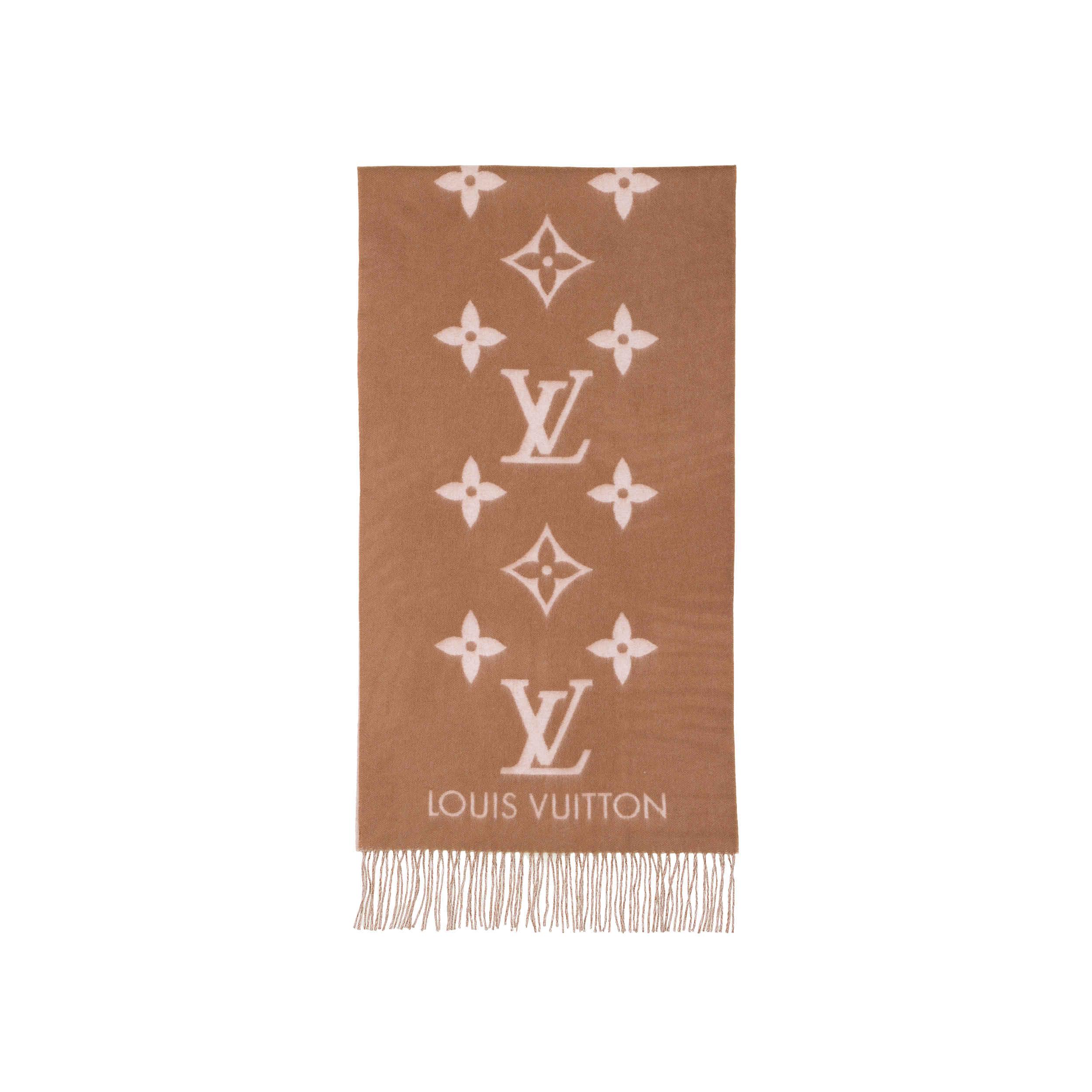 LOUIS VUITTON Cashmere Fringed Jacquard Scarf Beige/Brown Unisex M76067 圖 2