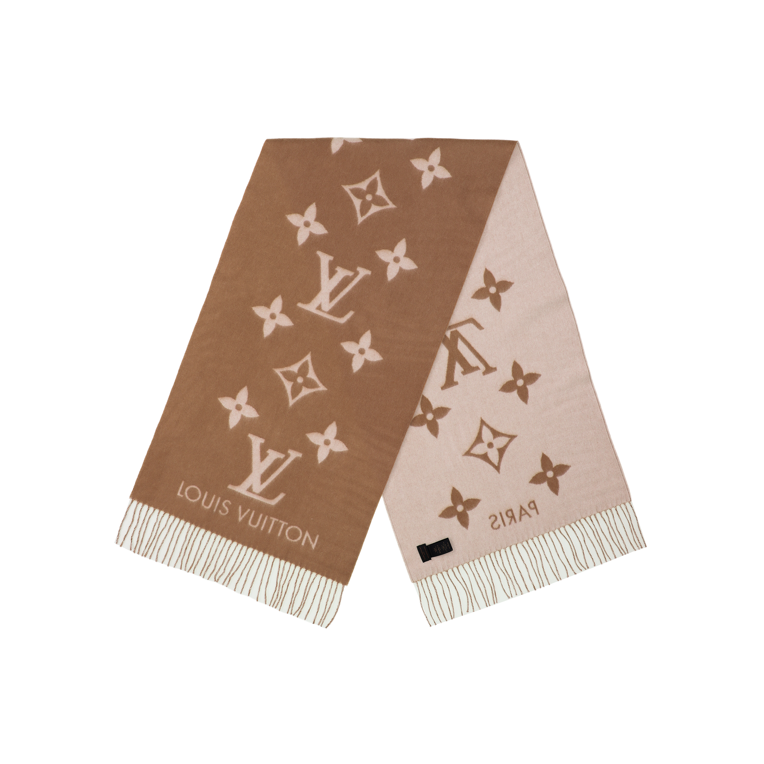 LOUIS VUITTON Cashmere Fringed Jacquard Scarf Beige/Brown Unisex M76067 圖 3