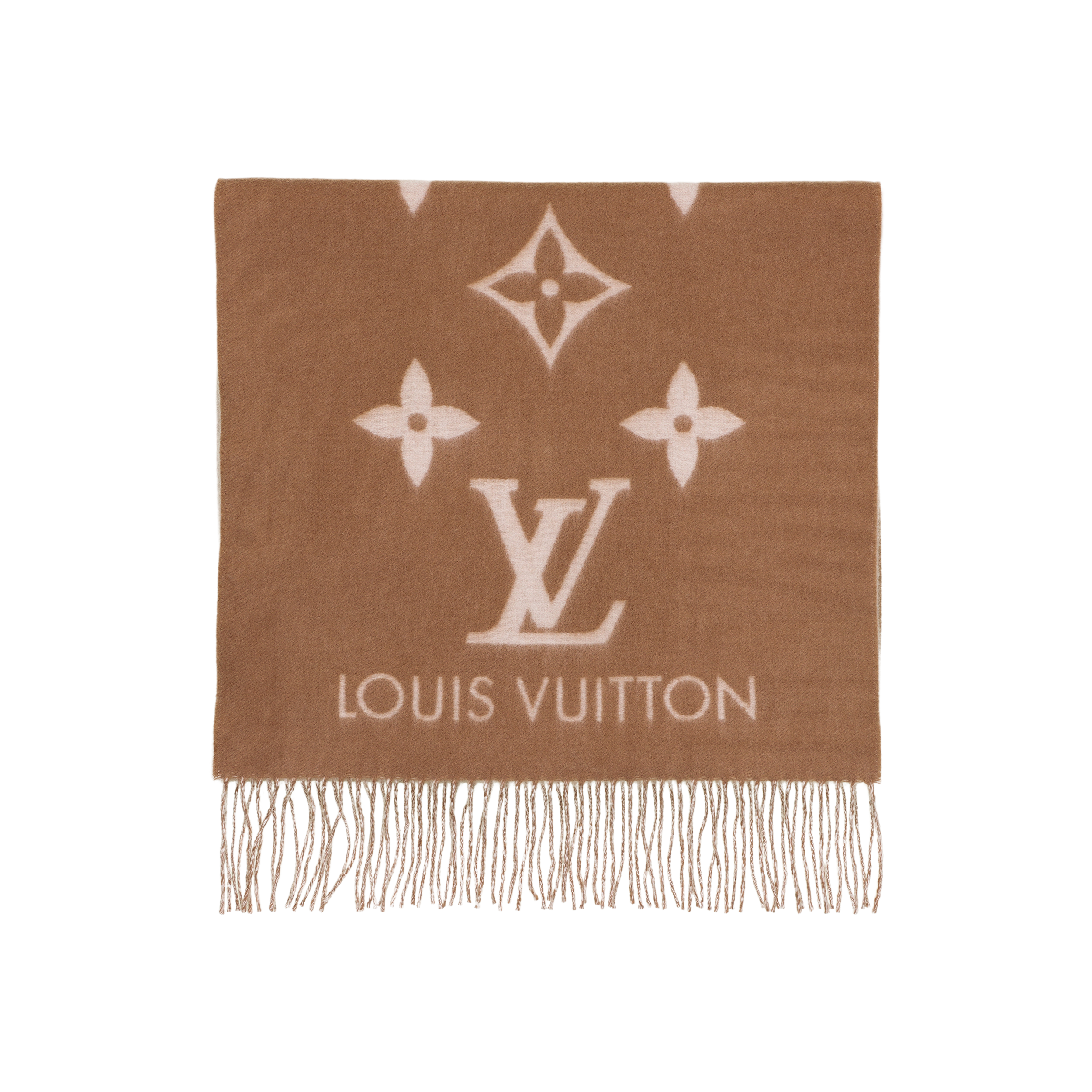 LOUIS VUITTON Cashmere Fringed Jacquard Scarf Beige/Brown Unisex M76067 圖 4