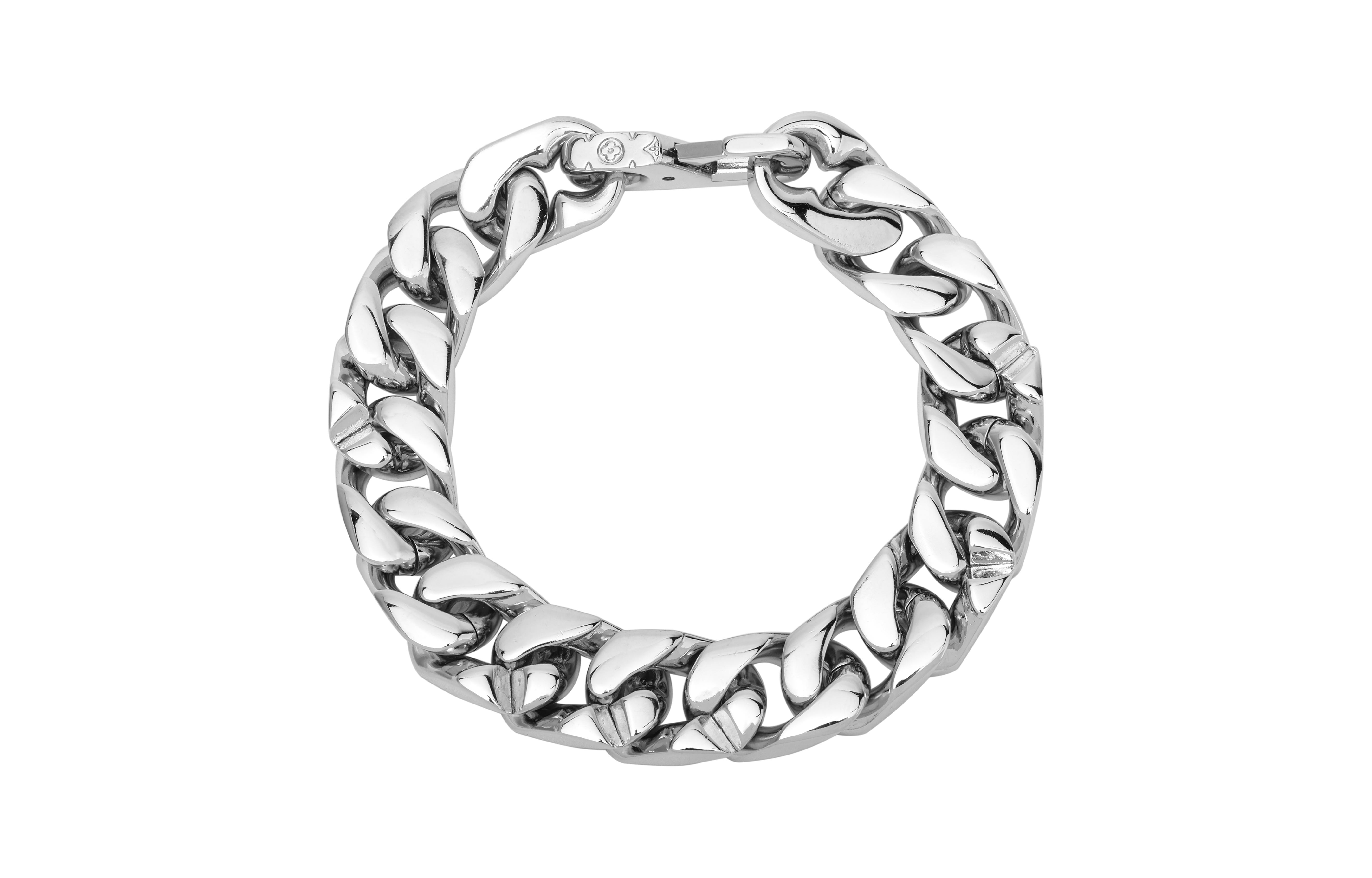 LOUIS VUITTON Chain Links Silver Cuban Chain Bracelet Unisex M69988+M69989