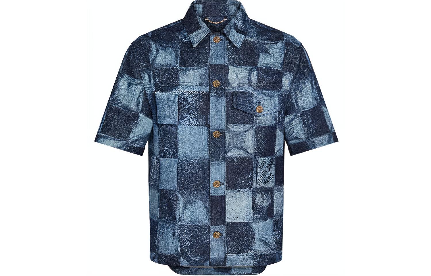 Lookbook 루이비통 체크 데님 클래식 반팔 셔츠 블루. 1A8WBC