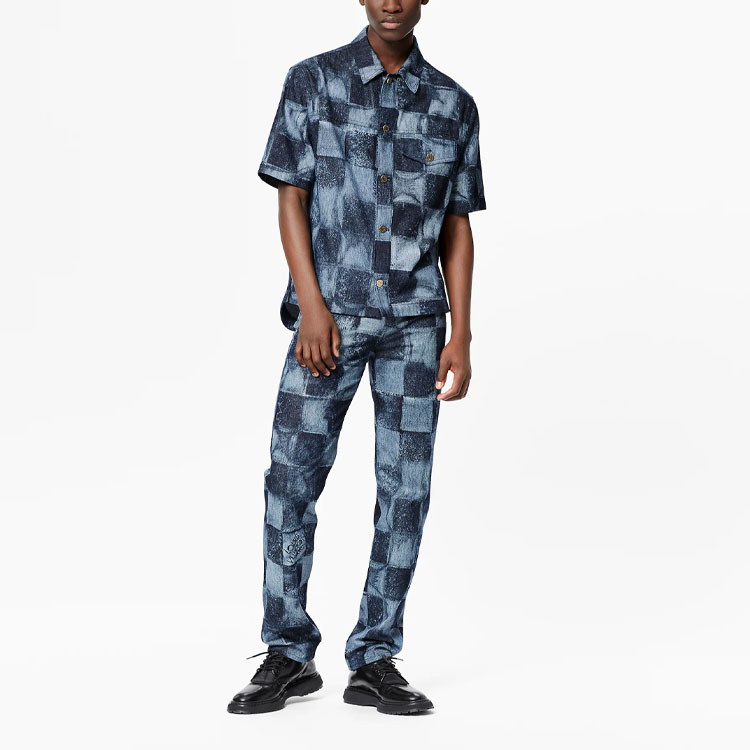 Shop 루이비통 체크 데님 클래식 반팔 셔츠 블루. 1A8WBC