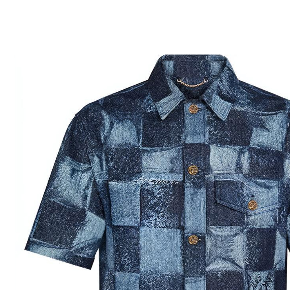 Details for 루이비통 체크 데님 클래식 반팔 셔츠 블루. 1A8WBC