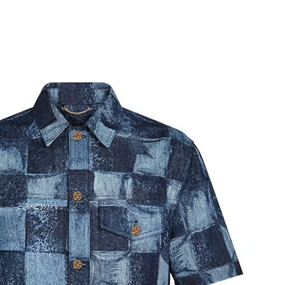 Cheap 루이비통 체크 데님 클래식 반팔 셔츠 블루. 1A8WBC