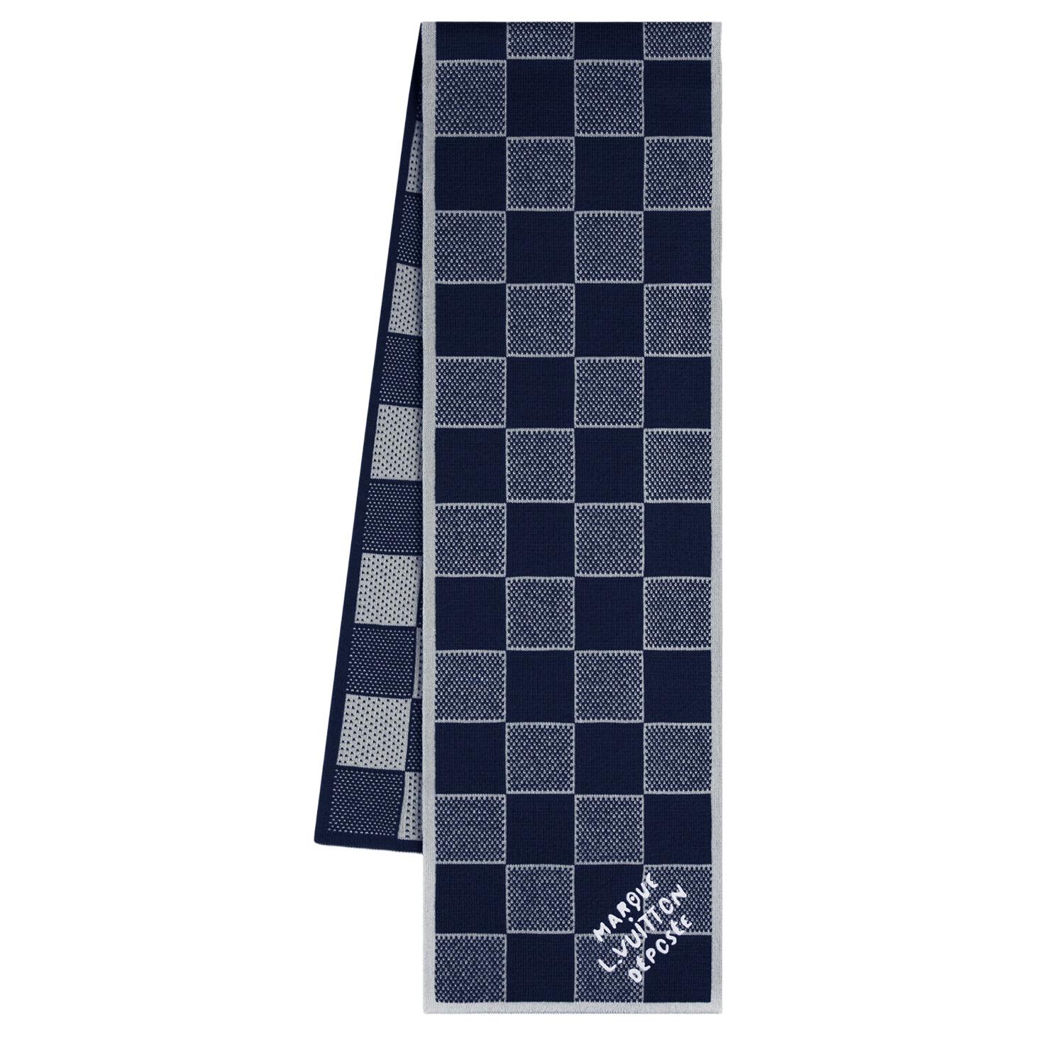 Louis Vuitton Checkered Wool Knit Scarf  Navy Blue M90776