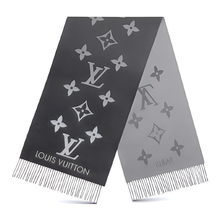 LOUIS VUITTON Classic Logo Cashmere Scarf Unisex Grey Black M76336
