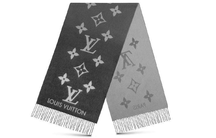 LOUIS VUITTON Classic Logo Cashmere Scarf Unisex Grey Black M76336 圖 2