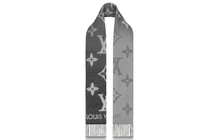 LOUIS VUITTON Classic Logo Cashmere Scarf Unisex Grey Black M76336 圖 3
