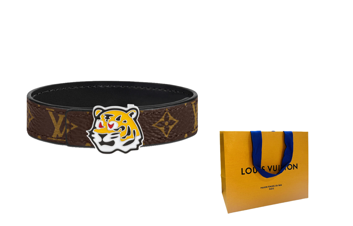 Details for LOUIS VUITTON Pulsera Unisex Negra de Piel de Ternero con Logo Clásico y Tigre. M8042D