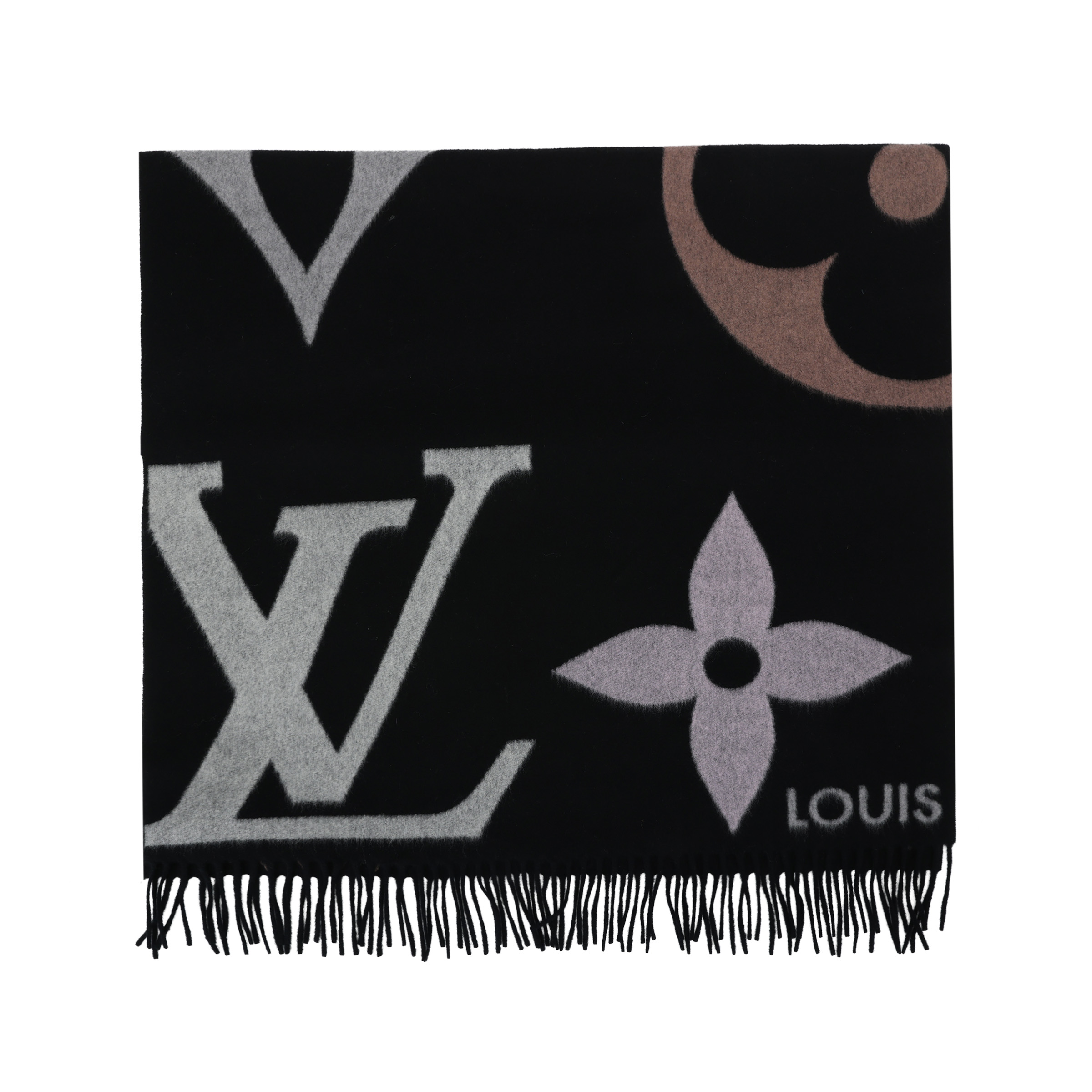 LOUIS VUITTON Colorful Print Tassel Wool Scarf Black Unisex M76383