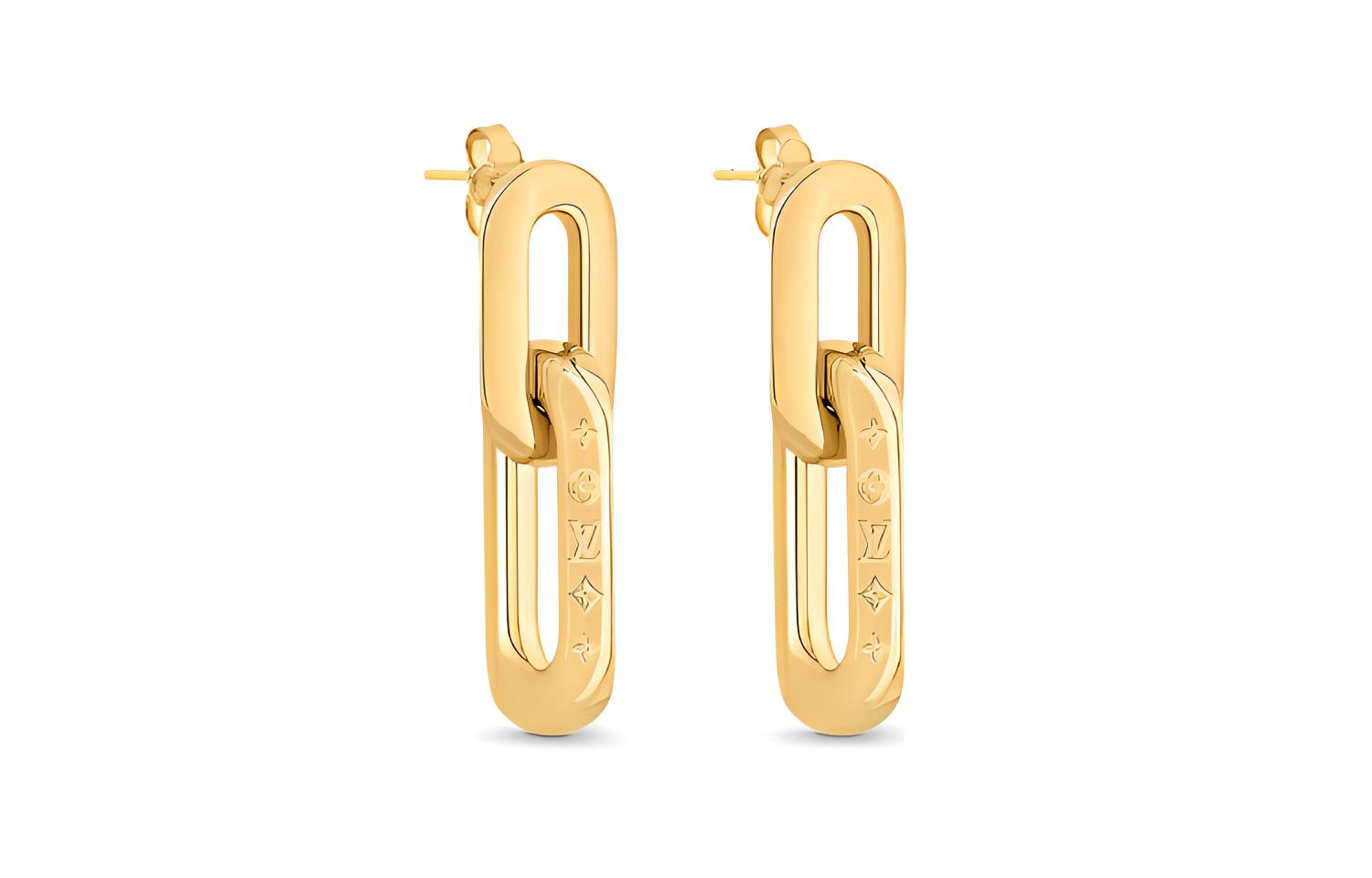 Louis Vuitton Edge Double Gold Metal Earrings Unisex Couples Gold. MP2990