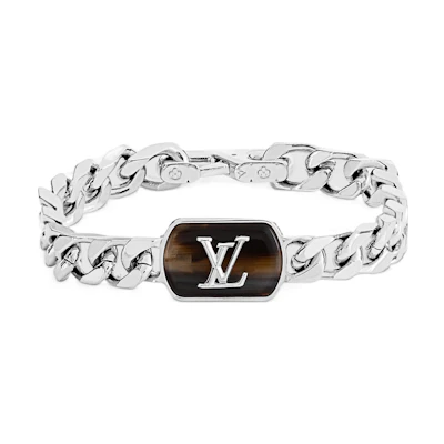 Louis Vuitton Engraved LV Logo Cuban Chain Bracelet Silver Jewelry M0088M