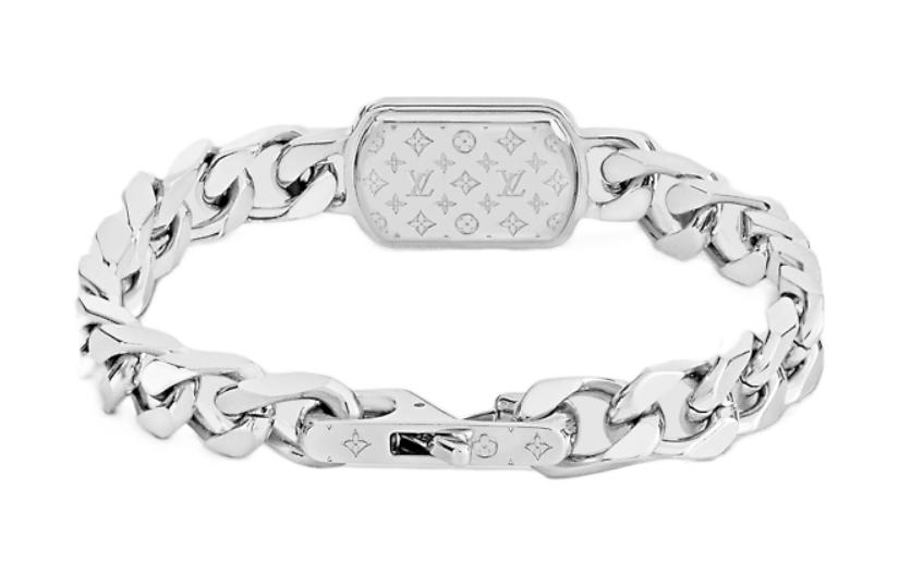 Lookbook 루이 비통 각인 LV 로고 쿠반 체인 팔찌 실버 주얼리 M0088M