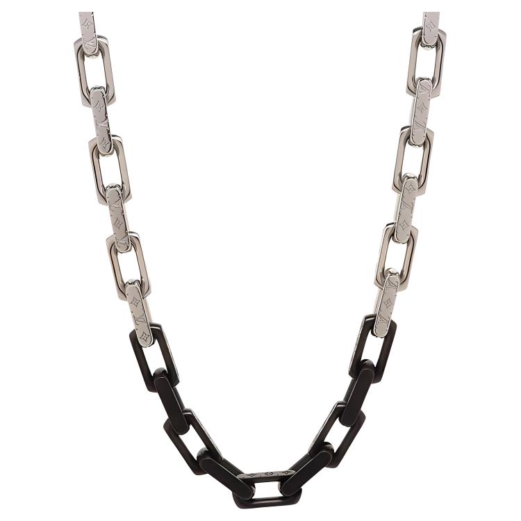 LOUIS VUITTON Engraved Monogram Pendant Necklace Silver/Black  Accessory M00677