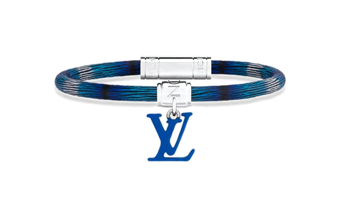 LOUIS VUITTON Engraved Silver Buckle Leather Metal Bracelet Blue for Men. M8397E