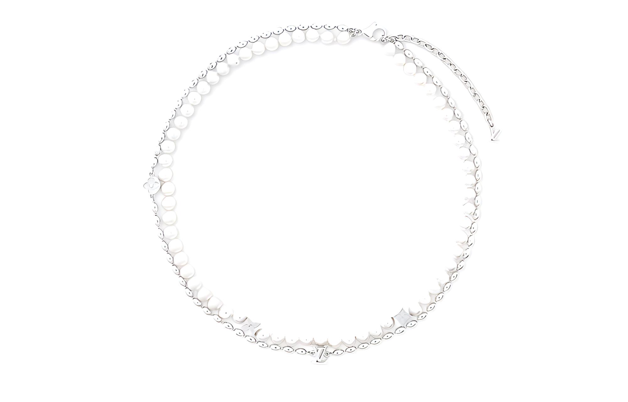 LOUIS VUITTON Floral Brass Glass Metal Necklace Silver for Men. m01781