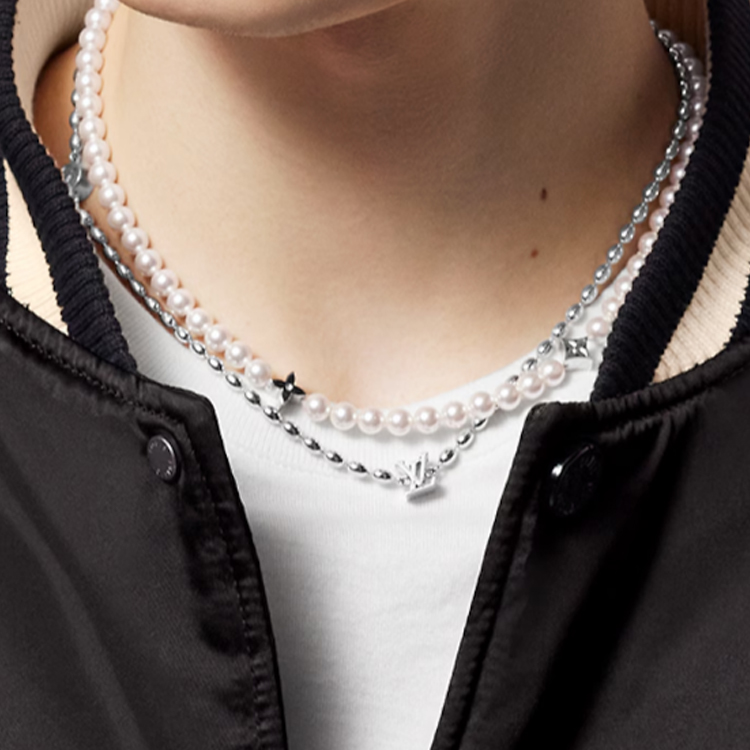 LOUIS VUITTON Floral Brass Glass Metal Necklace Silver for Men. m01781 圖 4