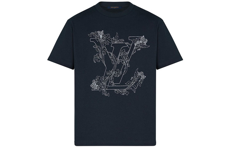 Louis Vuitton Floral Embroidered Navy Blue Short Sleeve T-Shirt 1A89VZ