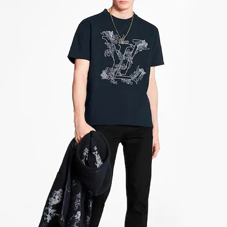 Shop Louis Vuitton 花卉刺繡深藍色短袖T恤 1A89VZ