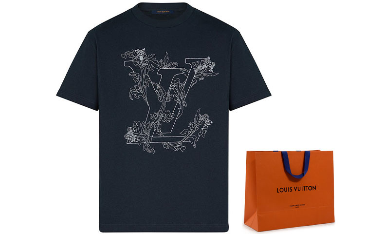 Sizing Louis Vuitton 花卉刺繡深藍色短袖T恤 1A89VZ