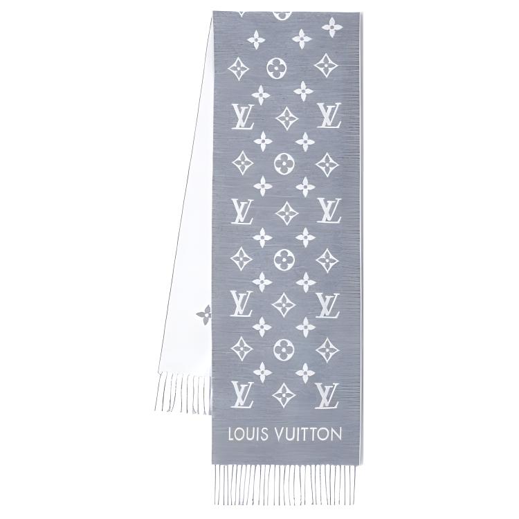 Louis Vuitton Fringe Trim Knit Scarf Unisex Couple Style Grey M79226