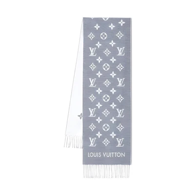 Louis Vuitton Fringe Trim Knit Scarf Unisex Couple Style Grey M79226