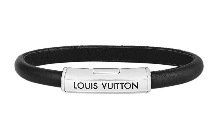LOUIS VUITTON Front Logo Leather Bracelet Black Unisex Couple Design. M8119E