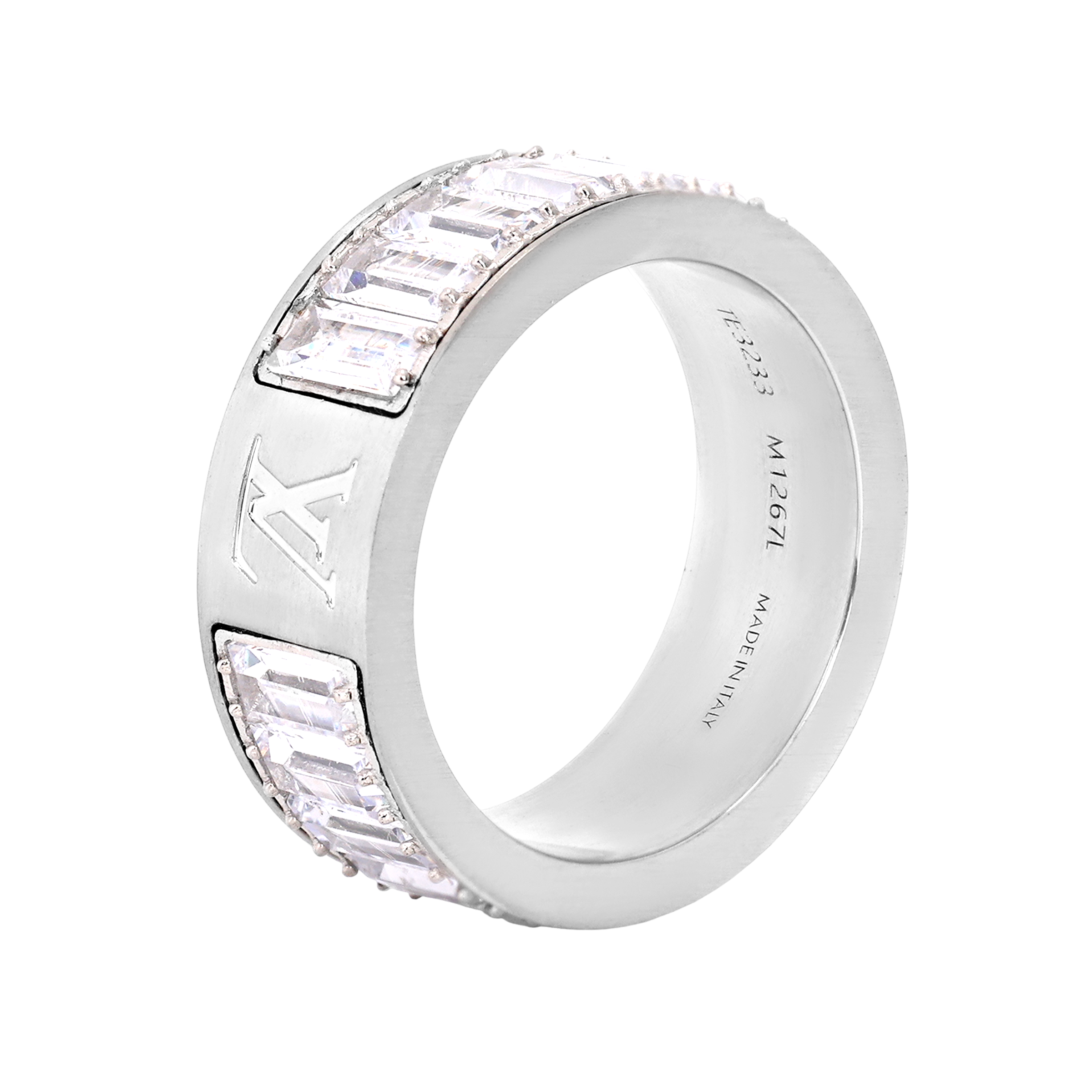 Louis Vuitton Full Rhinestone Logo Design Metal Ring Silver Men’s Accessory m1267m