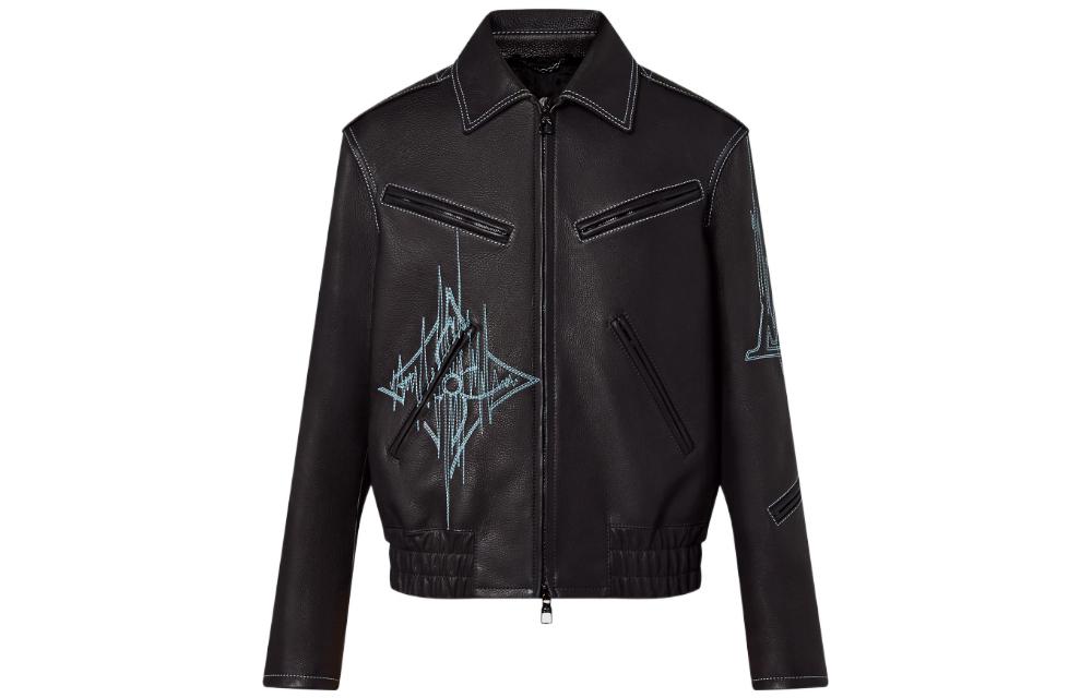 LOUIS VUITTON FW22  Black Leather Jacket with Zipper and Belted Design. 1AAVCA