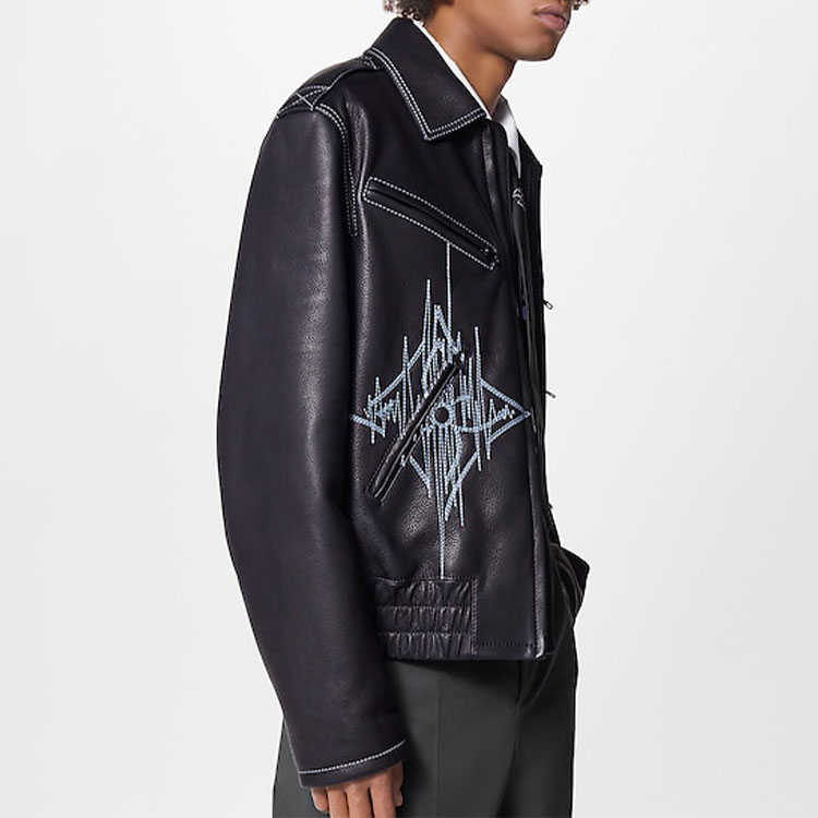 Purchase LOUIS VUITTON FW22  Black Leather Jacket with Zipper and Belted Design. 1AAVCA