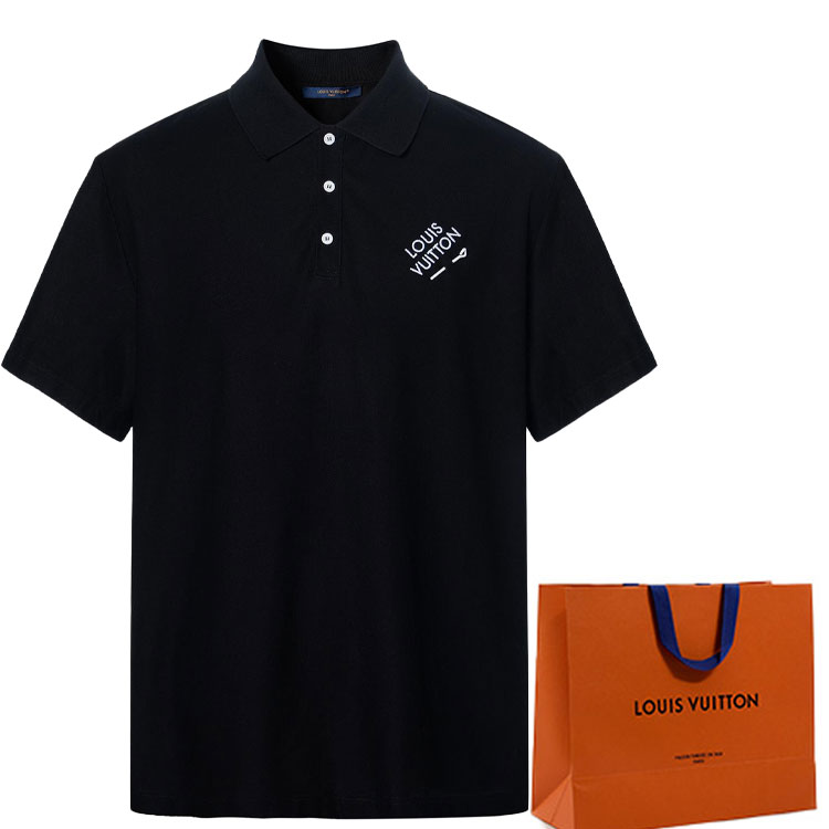 Shop LOUIS VUITTON FW22 Kaos Polo Hitam dengan Logo Bordir Lengan Pendek. 1AATR9