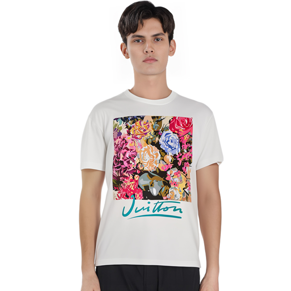 Cheap 路易威登 2022秋冬 白色花卉Logo印花圆领T恤 1AAGWP