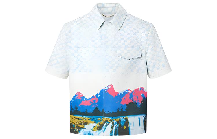 LOUIS VUITTON FW22 Alphabet Landscape Print White Denim Short Sleeve Shirt Mens. 1AA5C2