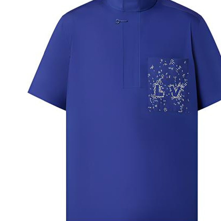 Sizing Louis Vuitton Baju Biru Lengan Pendek Bersulam Lelaki FW22. 1AA4PK