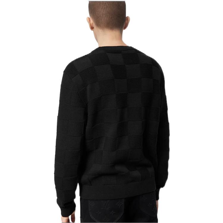 Shop LOUIS VUITTON FW22 Sweater Hitam Lelaki Lengan Panjang Knit Check Crewneck. 1AA4MC