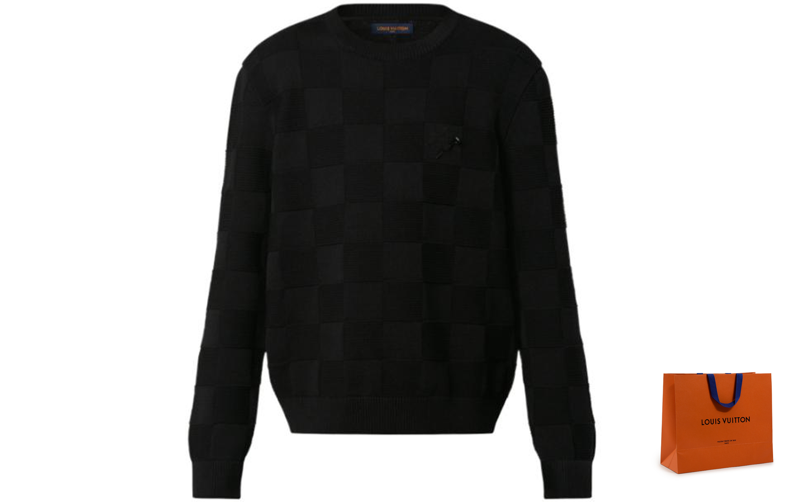 Purchase LOUIS VUITTON FW22 Sweater Hitam Lelaki Lengan Panjang Knit Check Crewneck. 1AA4MC