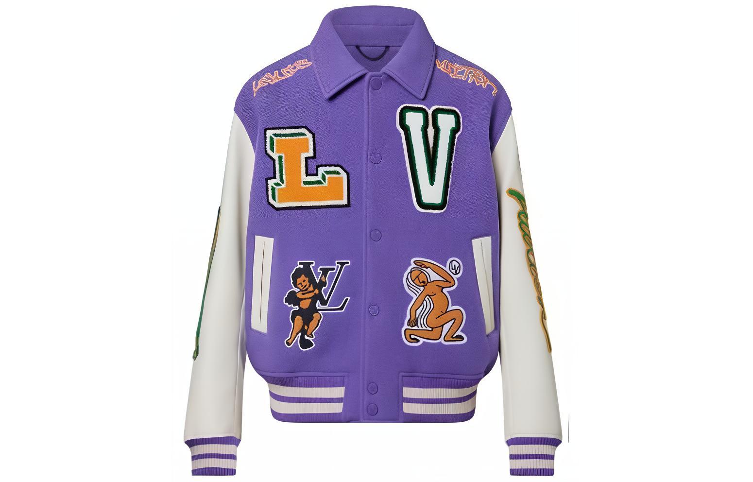 LOUIS VUITTON FW22 Colorblock Cartoon Patch Leather Varsity Jacket Purple White 1AAHH5