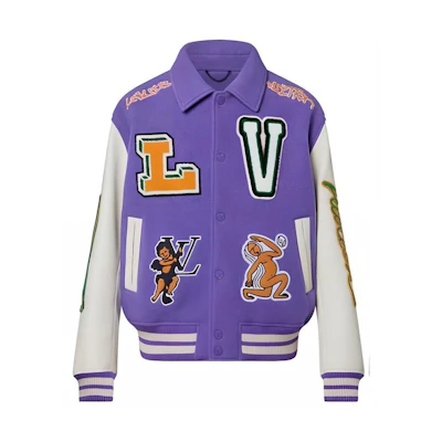 LOUIS VUITTON FW22 Colorblock Cartoon Patch Leather Varsity Jacket Purple White 1AAHH5