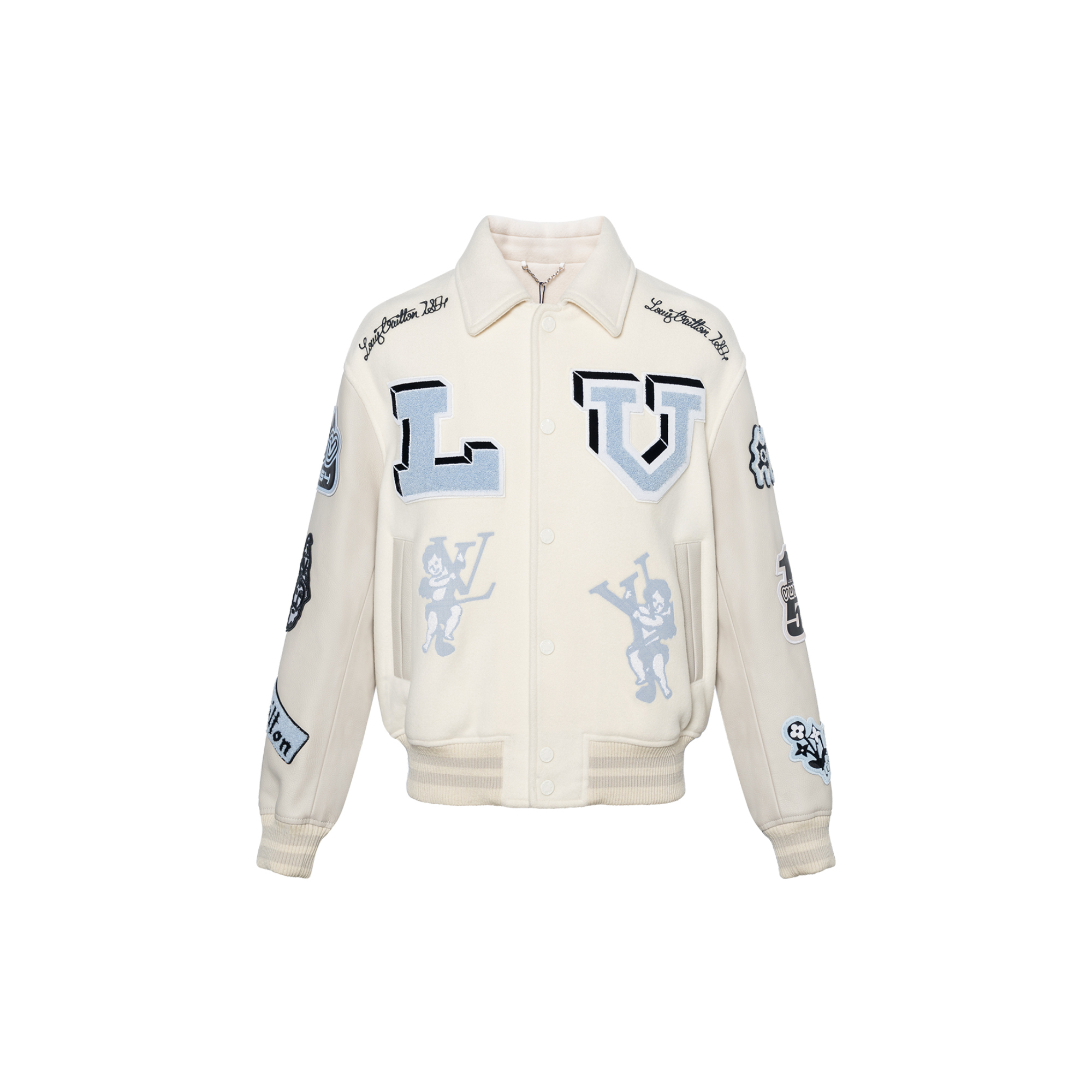 LOUIS VUITTON FW22 Colorblock Cartoon Patch Leather Baseball Jacket White Men. 1AAHHG