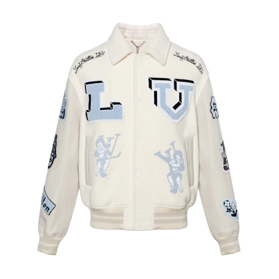 LOUIS VUITTON FW22 Colorblock Cartoon Patch Leather Baseball Jacket White Men. 1AAHHG