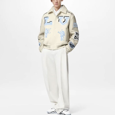 LOUIS VUITTON FW22 Colorblock Cartoon Patch Leather Baseball Jacket White Men. 1AAHHG Lookbook LOUIS VUITTON FW22 Colorblock Cartoon Patch Leather Baseball Jacket White Men. 1AAHHG