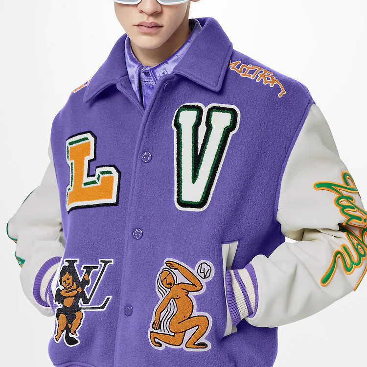 Purchase Chaqueta Varsity de Cuero LOUIS VUITTON FW22 Colorblock Cartoon Patch Morado Blanco 1AAHH5