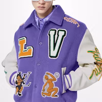 Purchase 路易威登 FW22 拼色卡通貼布皮革棒球外套 紫白配色 1AAHH5