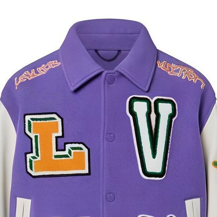 Details for Chaqueta Varsity de Cuero LOUIS VUITTON FW22 Colorblock Cartoon Patch Morado Blanco 1AAHH5