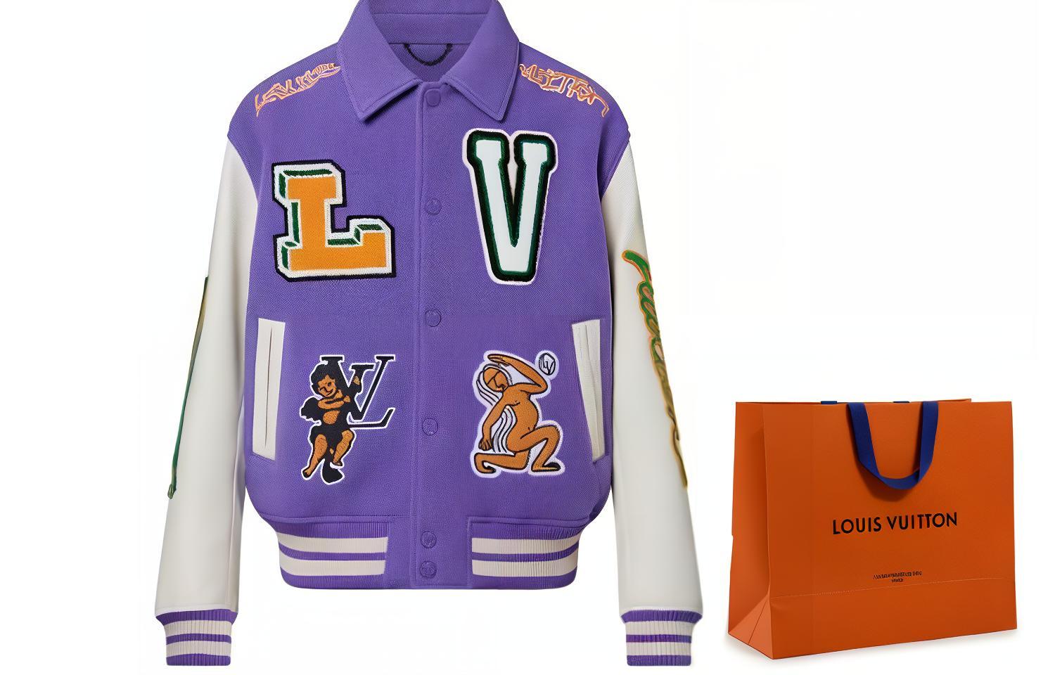 Sizing Chaqueta Varsity de Cuero LOUIS VUITTON FW22 Colorblock Cartoon Patch Morado Blanco 1AAHH5