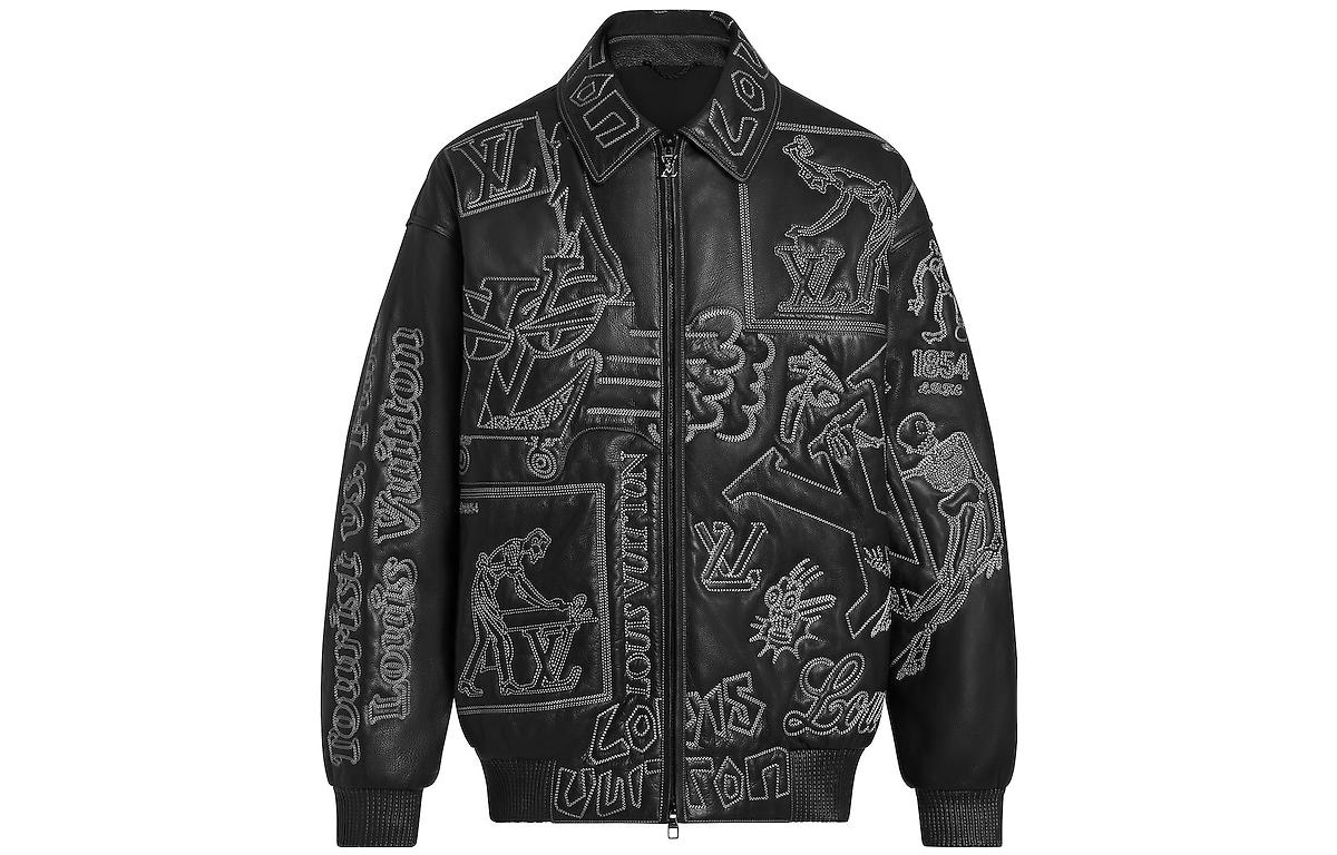 Louis Vuitton FW22 Embroidered Leather Aviator Zip Jacket Black 1A96VM