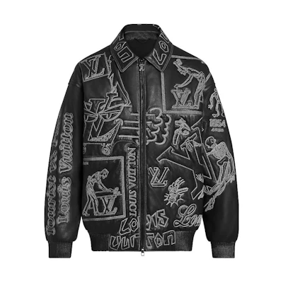 Louis Vuitton FW22 Embroidered Leather Aviator Zip Jacket Black 1A96VM