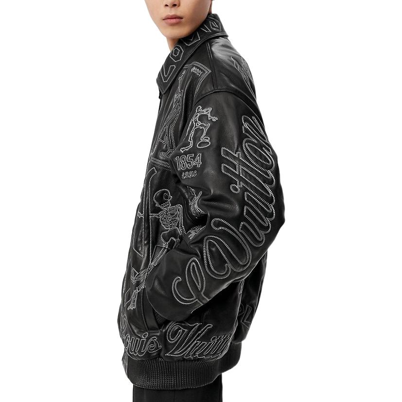 Shop 路易威登 FW22 刺繡皮革飛行員拉鍊外套 黑色 1A96VM