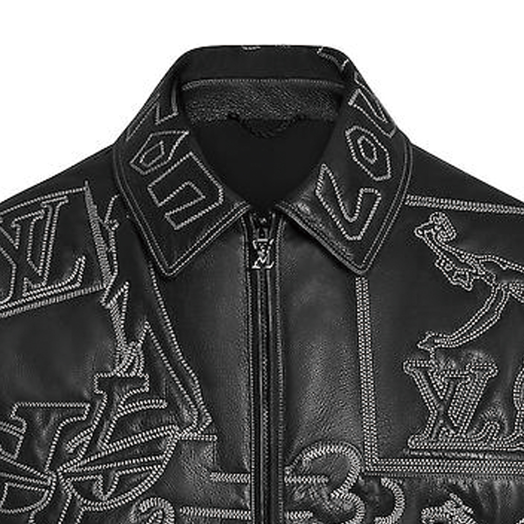 Sizing 路易威登 FW22 刺繡皮革飛行員拉鍊外套 黑色 1A96VM